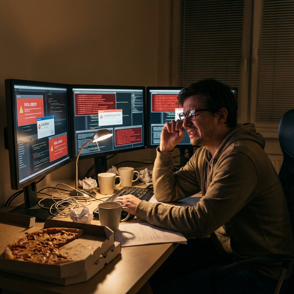 Tired programmer dealing with bugs